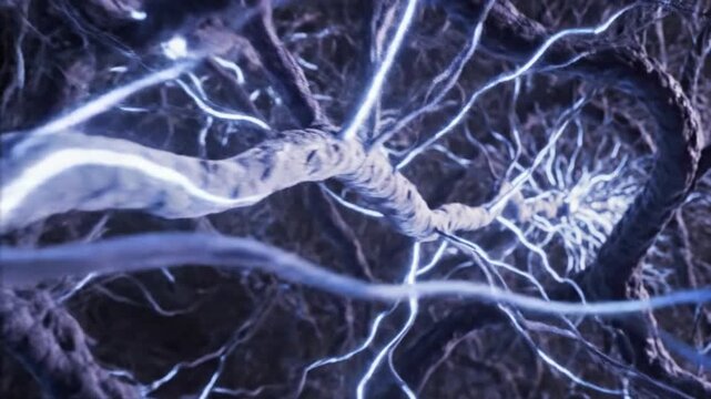 Abstract neural network with glowing blue synapses transmitting information in a dark, intricate web