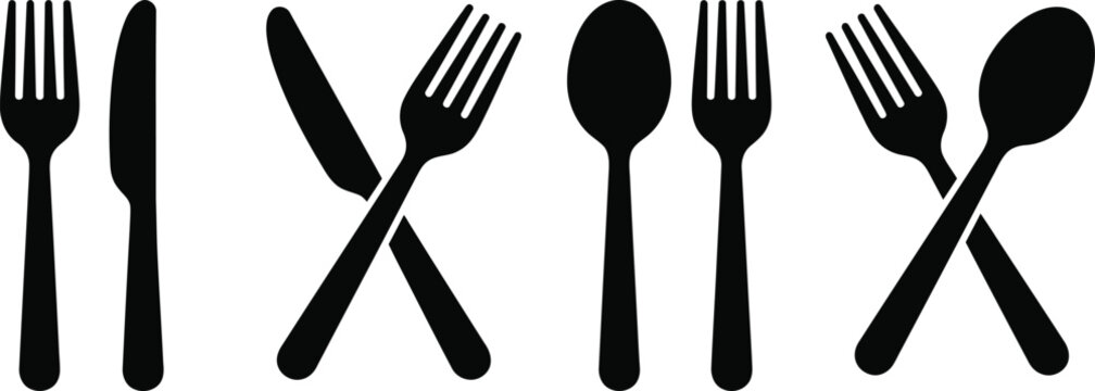 Black silhouettes of various forks knives and spoons on white