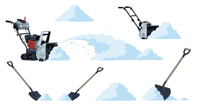 Selection of winter equipment including a heavy duty snow blower, snow thrower, and manual shovels for clearing snowy driveways.
