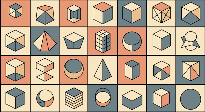 Modern abstract pattern consisting of a grid with various colorful three dimensional geometric shapes like cubes and pyramids.