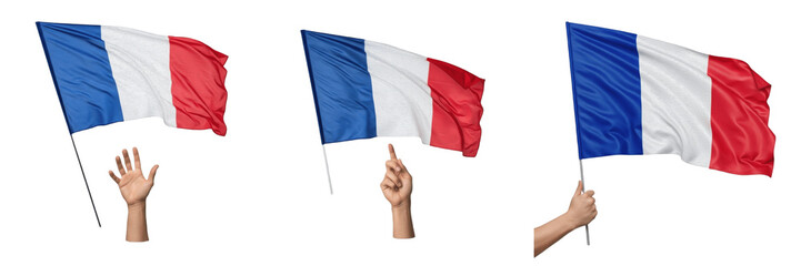 Obraz premium Hand holding France flag and waving national flag of France isolated on white background, patriotic symbol of French national pride and Tricolour