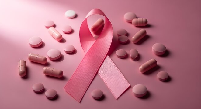 Breast cancer awareness ribbon and pills