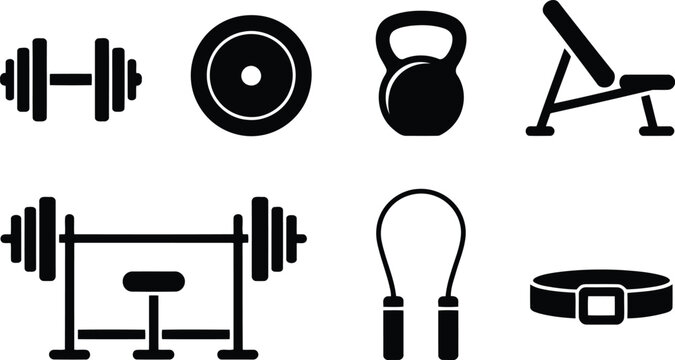 A comprehensive set of black silhouette icons illustrates various gym equipment used for strength and cardio training