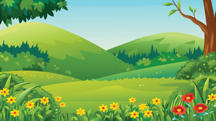 Fototapeta premium A vibrant cartoon landscape featuring lush trees and a path