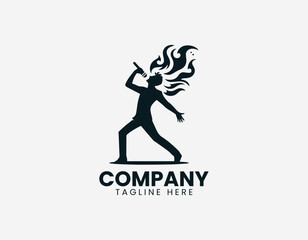 Obraz premium Male singer performing with microphone and flame background representing music performance energy and entertainment style in clean minimalist black vector illustration style on white background