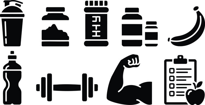 A comprehensive set of monochrome icons for fitness and nutritional support