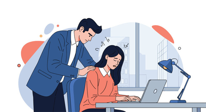 Illustration depicts a serious case of workplace sexual harassment as a male colleague touches a woman while she is working.