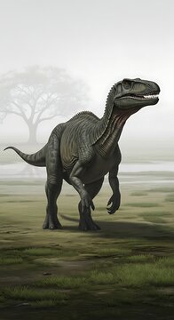 Large gray dinosaur walking on grass.