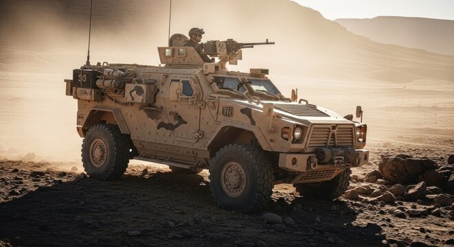Military Armored Vehicle in Desert Landscape.