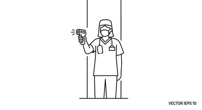 Medical professional conducting health screening with infrared thermometer for public safety