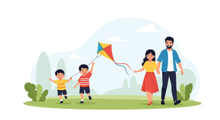 Fototapeta premium Happy family with parents and young children flying a colorful kite in a beautiful green park during a sunny summer day.