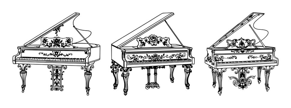 Grand piano set with ornate Victorian line art featuring floral motifs, decorative flourishes, detailed engraving with white background and fine lines