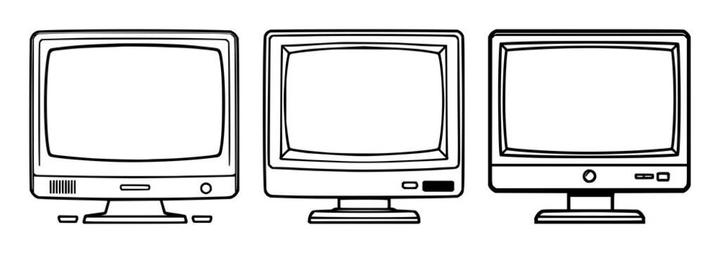 Computer monitor icon set with geometric lines and consistent stroke width featuring classic, retro, 1980s, vector, icon with white background and simple style