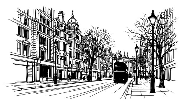 Hand drawn London street scene with double decker bus and historic buildings isolated on white vector illustration