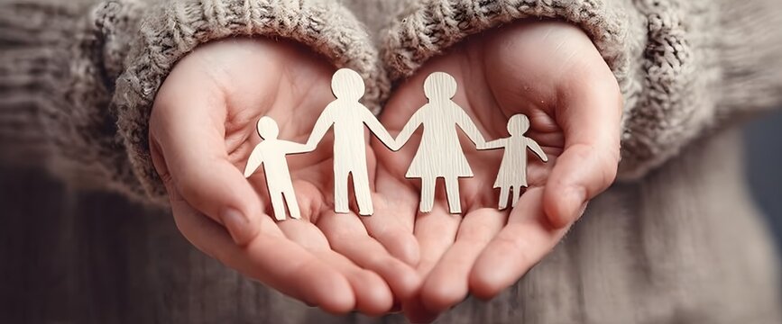 A pair of warm hands in a cozy knitted sweater gently cradling delicate wooden cutout figures of a loving family unit featuring a father mother and tw