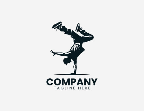 A breakdancer is illustrated performing a one hand handstand move in a clean modern black vector logo illustration style on a white background