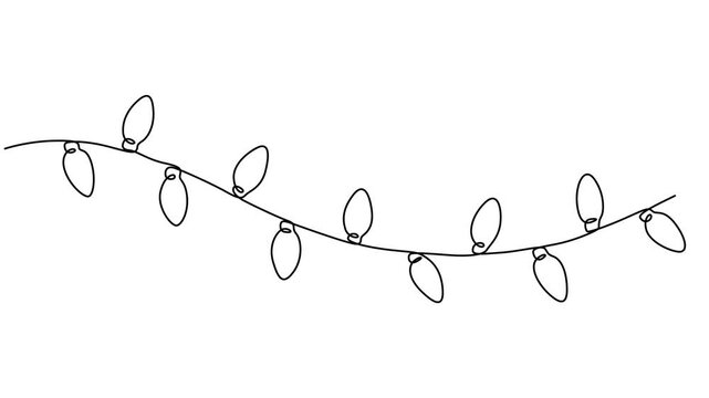 Abstract garland of light bulbs, Self drawing animation one continuous line draw, logo on white background, christmas lights continuous one line drawing animation, Video. Festoon, garland with bulbs.