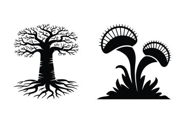 Bare tree with roots and venus flytrap plants with black and white © Sadek