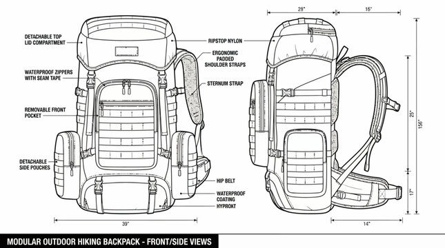 Dual-view technical drawing split-screen of modular outdoor hiking backpack with detailed front and side elevation diagrams