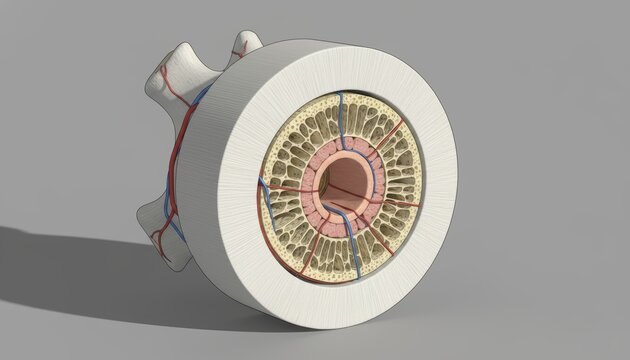 Detailed 3D Rendered Bone Cross Section With Haversian System And Spinal Vertebra Anatomy Showing Blood Vessels