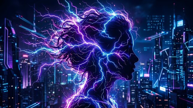 Electrified Human Head Silhouette With Vibrant Purple Blue Lightning Against A Dark Futuristic City