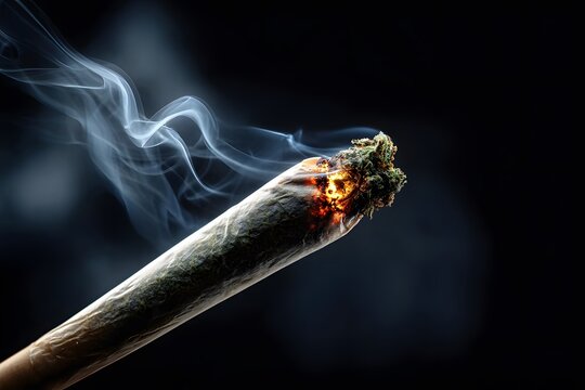 Detailed macro view of a burning marijuana joint producing graceful wisps of smoke and vibrant amber embers against a deep dark background with focuse