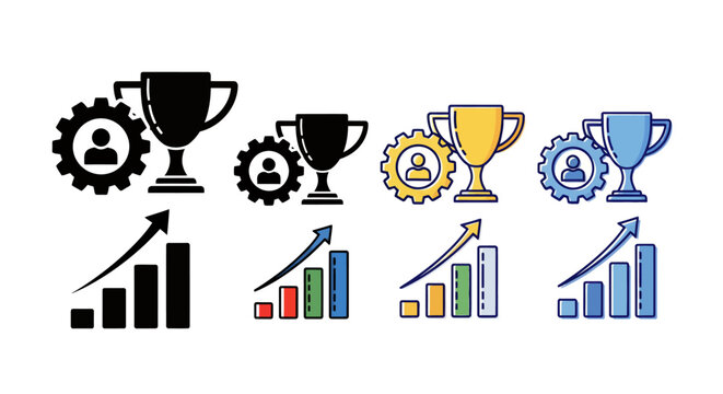 Multiple trophies, gears, and rising charts indicating business success and growth across metrics and performance indicators.