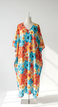 Vibrant Tropical Floral Kaftan Dress Displayed on Mannequin for Summer Fashion
