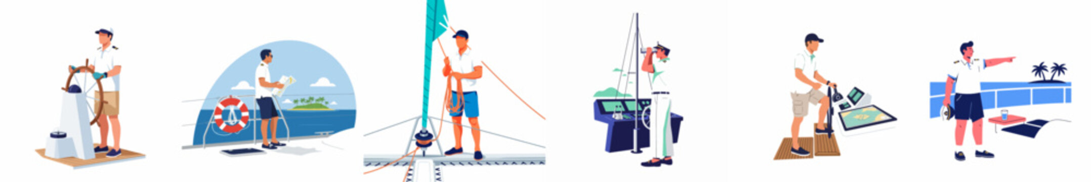 Set of flat vector illustrations depicting a male captain and crew members performing various tasks on a ship or yacht at sea.