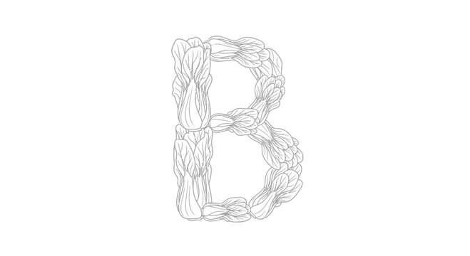 Artistic monochrome letter B crafted from delicate bok choy leaves outlining a healthy alphabet