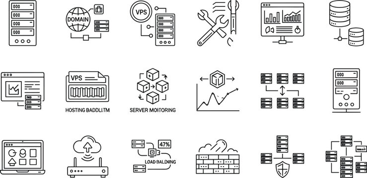 Server, Hosting, and Network Management Icon Set Featuring VPS, Domain, Load Balancing, and Server Monitoring for Web Infrastructure in Black and White