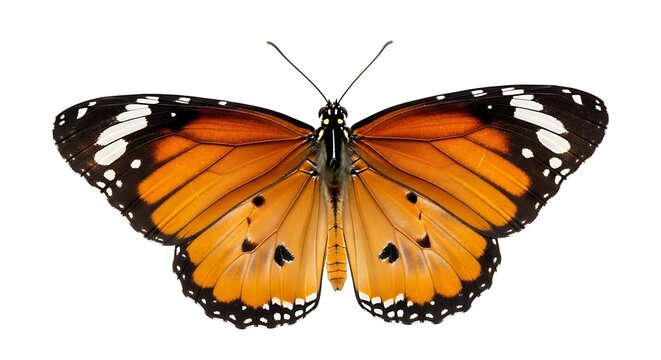 orange tiger butterfly with black and white spots on wings