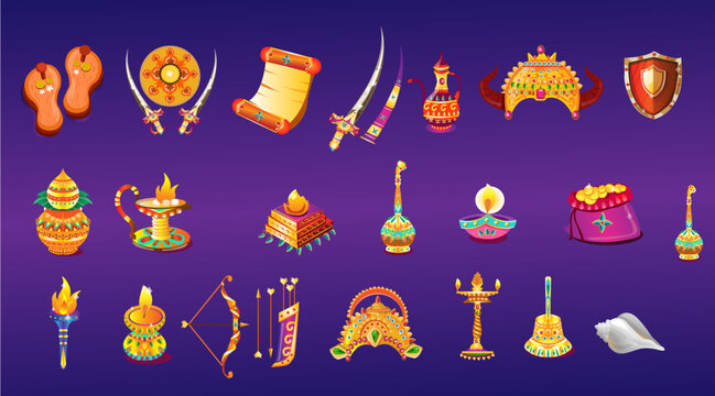 Indian mythology themed game asset icons in three UI states
