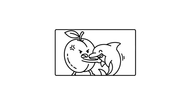 Whimsical fruit punches playful dolphin in funny cartoon illustration depicting absurd humor