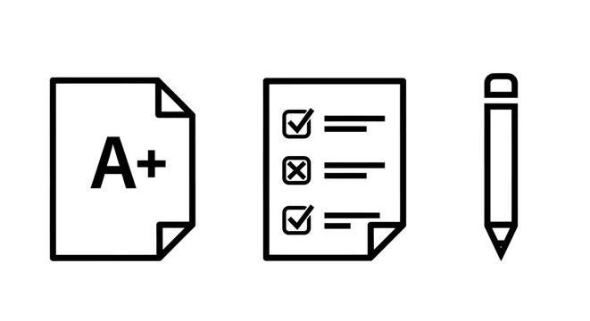 Education and assessment icons featuring a document, checklist, and pencil illustration.