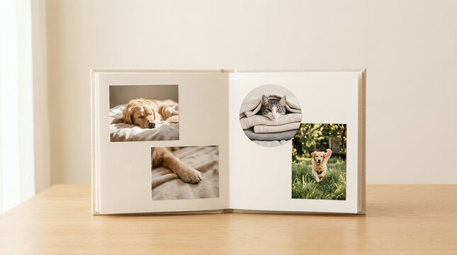 Photo album with pet memories displaying images of a dog in a home  
