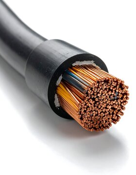 A cut electrical cable revealing copper and colored wires inside
