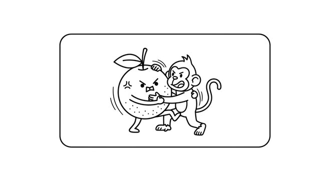 Humorous cartoon illustration of a determined monkey grappling with an angry citrus fruit