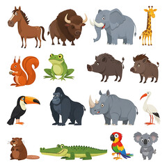Fototapeta premium A Vibrant Collection of Diverse Cartoon Animals on a Clean White Background