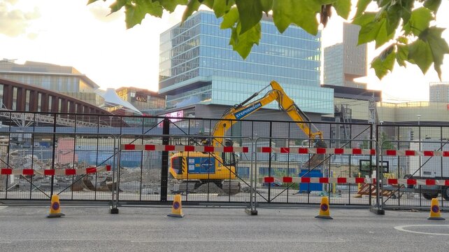London United Kingdom 01.07.2025 urban construction site with excavator behind safety fence and modern glass office buildings in background during sunset city development scene