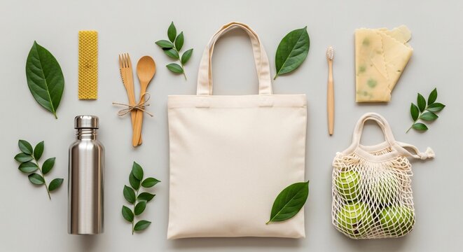 Eco-friendly tote bag with reusable items and natural products arranged neatly, promoting sustainable and zero waste lifestyle.