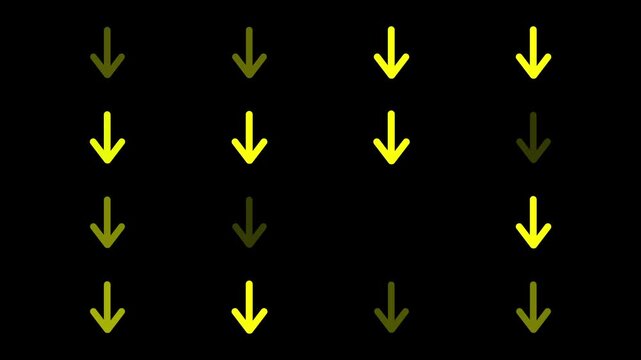 Glowing yellows arrows on a solid black background. The arrows point in various directions, including rightward, in a grid-like fashion. 
