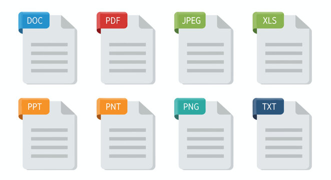 Assorted document icons showing various file formats in a clean flat design.