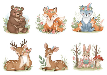 Fototapeta premium Adorable Watercolor Woodland Animals Illustrating Gentle Motherhood and Family Bonds