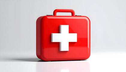 Fototapeta premium Red first aid kit with white cross symbol for medical emergency and health care