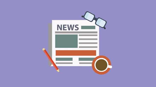 Flat illustration of a newspaper with the word NEWS and a red pencil reading information