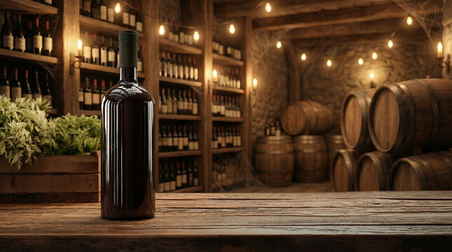 A bottle of red wine stands on a wooden table in a dimly lit winery with shelves of bottles and barrels in the background