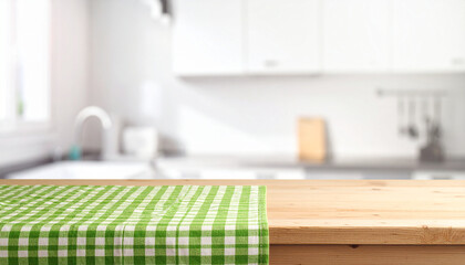 Fototapeta premium A bright wooden tabletop with a green checkered cloth, featuring a blurred modern kitchen backdrop. Ideal for culinary branding and food mockups.