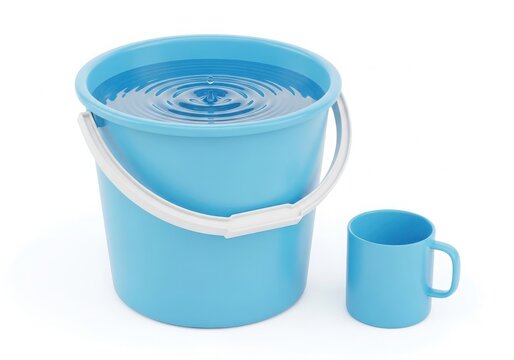 A blue bucket and matching mug on a white background