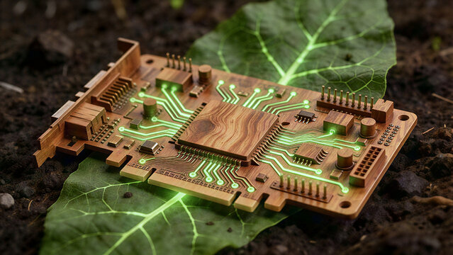 Conceptual Biodegradable Computer Motherboard Made of Wood and Leaves
